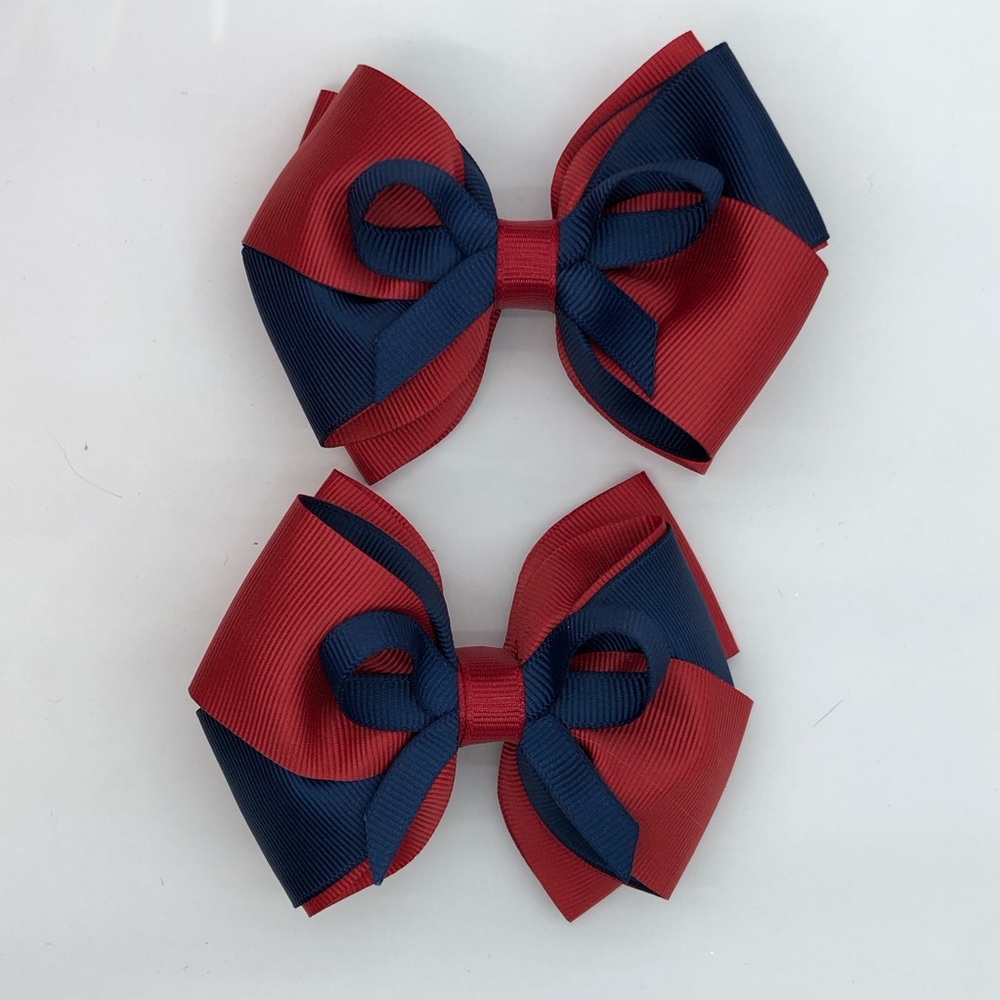 Kids Double Layer Ribbon Hair Bows - Red & Navy set of two